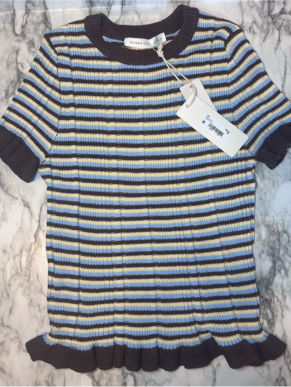 Altar'd State Blue, Yellow & Brown Striped Ribbed Short-Sleeve Sweater - XS/S